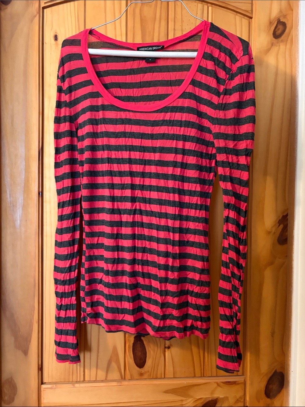 American Dream Pink and Black Striped Scoop Neck Long Sleeve Top